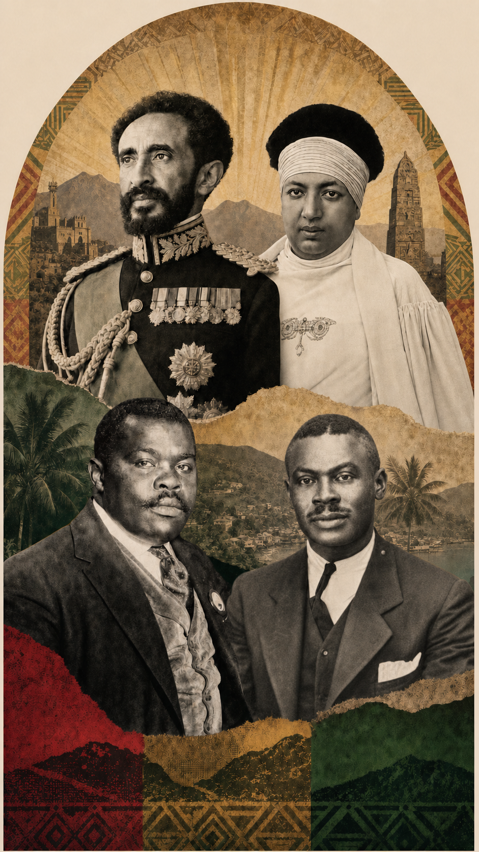 Archival-style cultural collage of Haile Selassie I, Empress Menen Asfaw, Marcus Garvey, and Leonard P. Howell